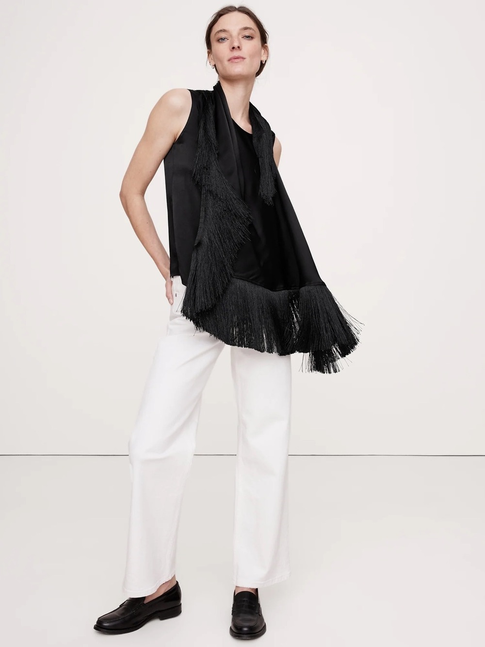 Banana Republic silky crepe fringe top